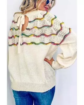 Azura Exchange Свитер с волнистыми полосками и рукавами-ажурами S белый