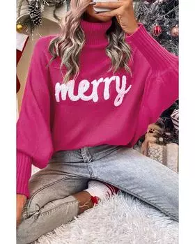 Azura Exchange Свитер с вышитой надписью Merry Letter и высоким воротом S ярко-розовый