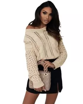 Azura Exchange Свитер с заниженными плечами с люверсами и косами L хаки