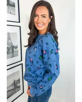 Azura Exchange Свитшот-пуловер с открытыми плечами и ребристым краем в небесно-голубом леопардовом стиле 3X небесно-голубой