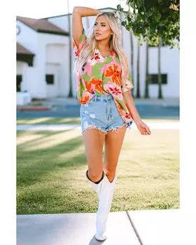 Azura Exchange Свободный крой, туника с V-образным вырезом и цветочным принтом L розовый