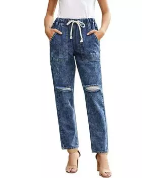 Azura Exchange Темно-синие брюки-джоггеры из денима с круглыми потертостями и карманами M синий