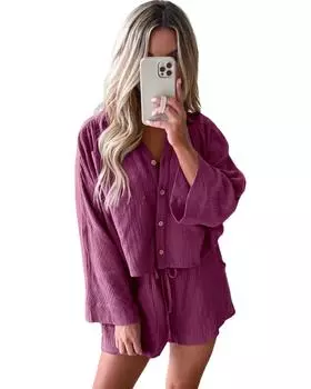 Azura Exchange Textured Dolman Sleeve Cropped Shirt and Shorts Set M коричневый