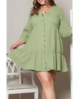 Azura Exchange Textured Ruffled Buttoned V Neck Mini Dress 1X зелёный