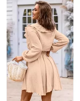 Azura Exchange Textured Ruffled V Neck High Waist Mini Dress S хаки