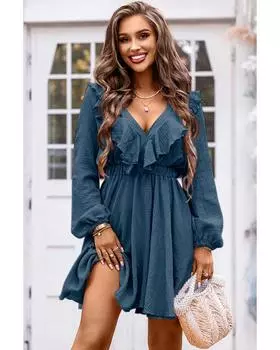 Azura Exchange Textured Ruffled V Neck High Waist Mini Dress L синий