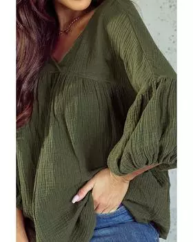 Azura Exchange Текстурированная блузка Babydoll с V-образным вырезом и рукавами-браслетами S зелёный