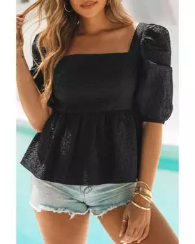 Azura Exchange Текстурированная блузка с квадратным вырезом и рукавами-фонариками L чёрный