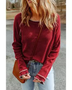 Azura Exchange Текстурированный топ с круглым вырезом и длинными рукавами XL красный