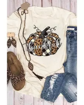 Azura Exchange Thankful Pumpkin Plaid Print Graphic Tee 2XL хаки