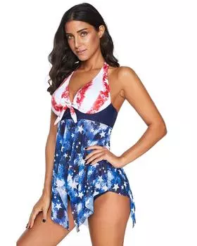 Azura Exchange Tie Dye The USA Flag Print Stars and Stripes Halter Tankini S разноцветный
