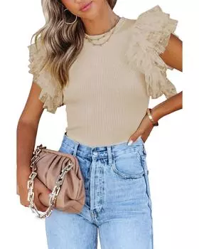 Azura Exchange Топ из трикотажной резинки с оборками на рукавах M абрикосовый