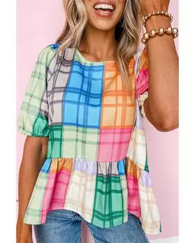Azura Exchange Топ с баской и рукавами-фонариками в смелую клетку с цветными блоками M разноцветный