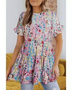 Azura Exchange Топ с цветочным принтом и оборками на рукавах L розовый