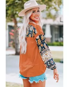 Azura Exchange Топ с цветочным принтом, рукавами-фонариками и кружевными деталями L коричневый