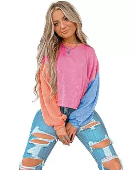 Топ Azura Exchange Rose Red Corded Color Block Patchwork с заниженной линией плеч и длинными рукавами XL розы красного