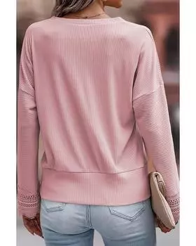 Azura Exchange Топ с длинными рукавами и V-образным вырезом, отделкой кружевом в рубчик S розовый