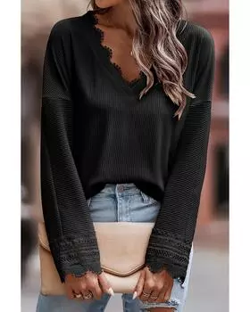 Azura Exchange Топ с длинными рукавами и V-образным вырезом, отделкой кружевом в рубчик M чёрный