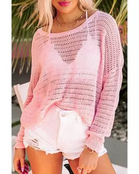 Azura Exchange Топ с длинными рукавами и ажурной вязкой M розовый