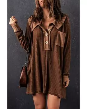 Azura Exchange Топ с длинными рукавами из вафельной ткани на пуговицах XL коричневый