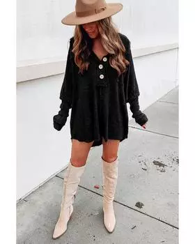 Azura Exchange Топ с длинными рукавами из вафельной ткани на пуговицах XL чёрный