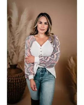 Azura Exchange Топ с геометрическим узором и контрастными рукавами 2X бежевый