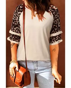 Azura Exchange Топ с леопардовым принтом и оборками на рукавах L абрикосовый