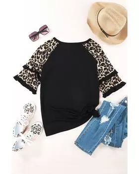 Azura Exchange Топ с леопардовым принтом и оборками на рукавах M чёрный