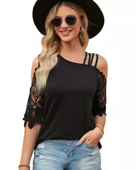 Azura Exchange Топ с открытыми плечами и кружевными вставками L чёрный