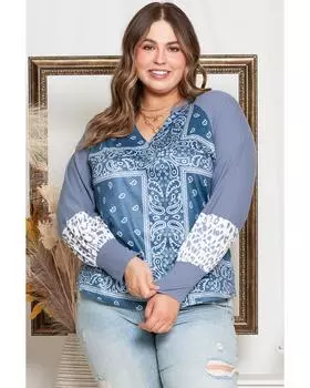 Azura Exchange Топ с разрезом на шее и леопардовым узором в стиле пэчворк 3X небесно-голубой