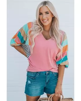 Azura Exchange Топ с рукавами-фонариками Color Block M розовый