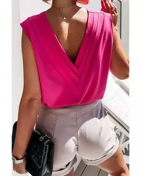 Azura Exchange Топ с V-образным вырезом и короткими рукавами L ярко-розовый