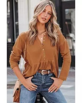 Azura Exchange Топ с вафельной вязкой на полпуговицы XL коричневый