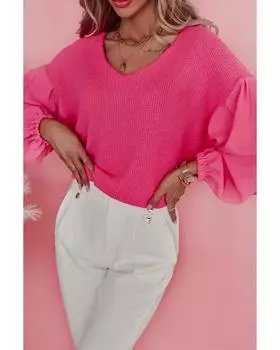 Azura Exchange Топ с вафельным узором и рукавами-фонариками, V-образным вырезом XL ярко-розовый