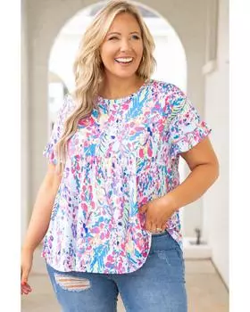 Azura Exchange Топ с воланами на рукавах и растительным принтом 2X фиолетовый