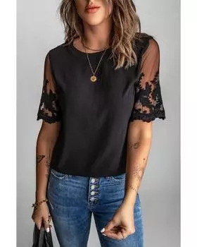 Azura Exchange Топ в стиле пэчворк с кружевными рукавами S чёрный