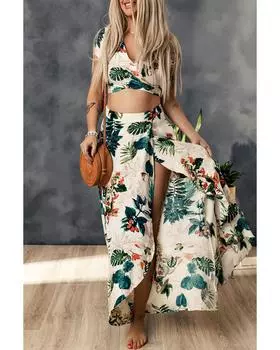 Azura Exchange Tropical Print Crop Top and Maxi Skirt Set XL абрикосовый