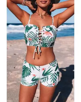 Azura Exchange Tropical Print Ruffled Bikini Set L зелёный