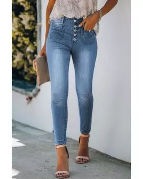 Azura Exchange Узкие джинсы с застежкой на пуговицы и карманами XL синий