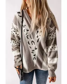 Azura Exchange V Neck Animal Print Sweater S серый
