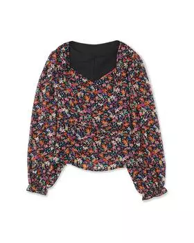 Azura Exchange V Neck Bubble Sleeve Floral Blouse S чёрный
