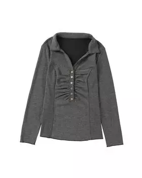 Azura Exchange V Neck Buttons Ruched Long Sleeve Top 2XL чёрный