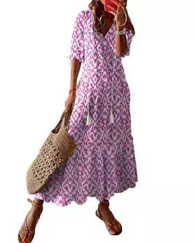 Azura Exchange Платье макси с V-образным вырезом и геометрическим принтом S розовый