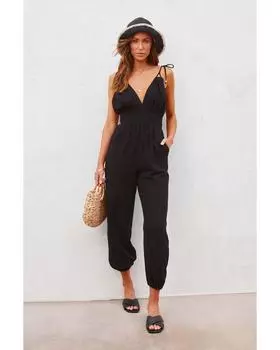 Azura Exchange Комбинезон с V-образным вырезом, завязанными плечами и открытой спиной, карманами M чёрный