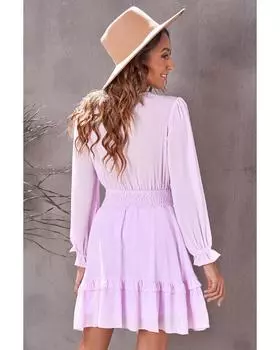 Azura Exchange Платье с V-образным вырезом, рукавами-фонариками и завязывающимся узлом, многоуровневое L розовый