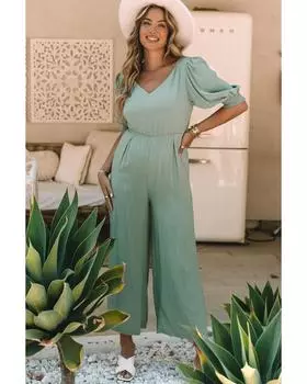 Azura Exchange Комбинезон с широкими штанинами и V-образным вырезом и рукавами-фонариками XL зелёный