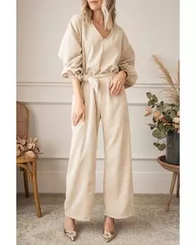Azura Exchange V Neck Tie Waist Loose Jumpsuit S абрикосовый
