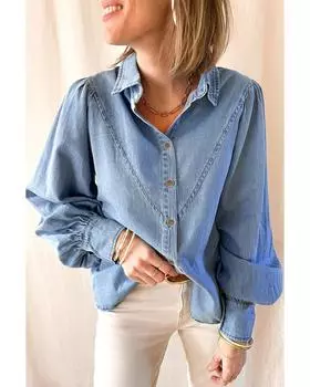 Azura Exchange V-shape Stitching Puff Sleeve Denim Shirt XL небесно-голубой