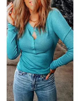 Azura Exchange Вафельный трикотажный топ с длинными рукавами Henley XL небесно-голубой