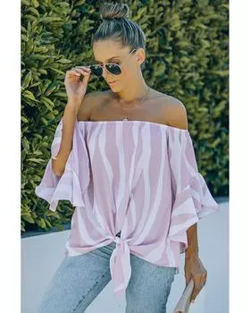 Azura Exchange Vertical Stripes Off The Shoulder Blouse 2XL розовый